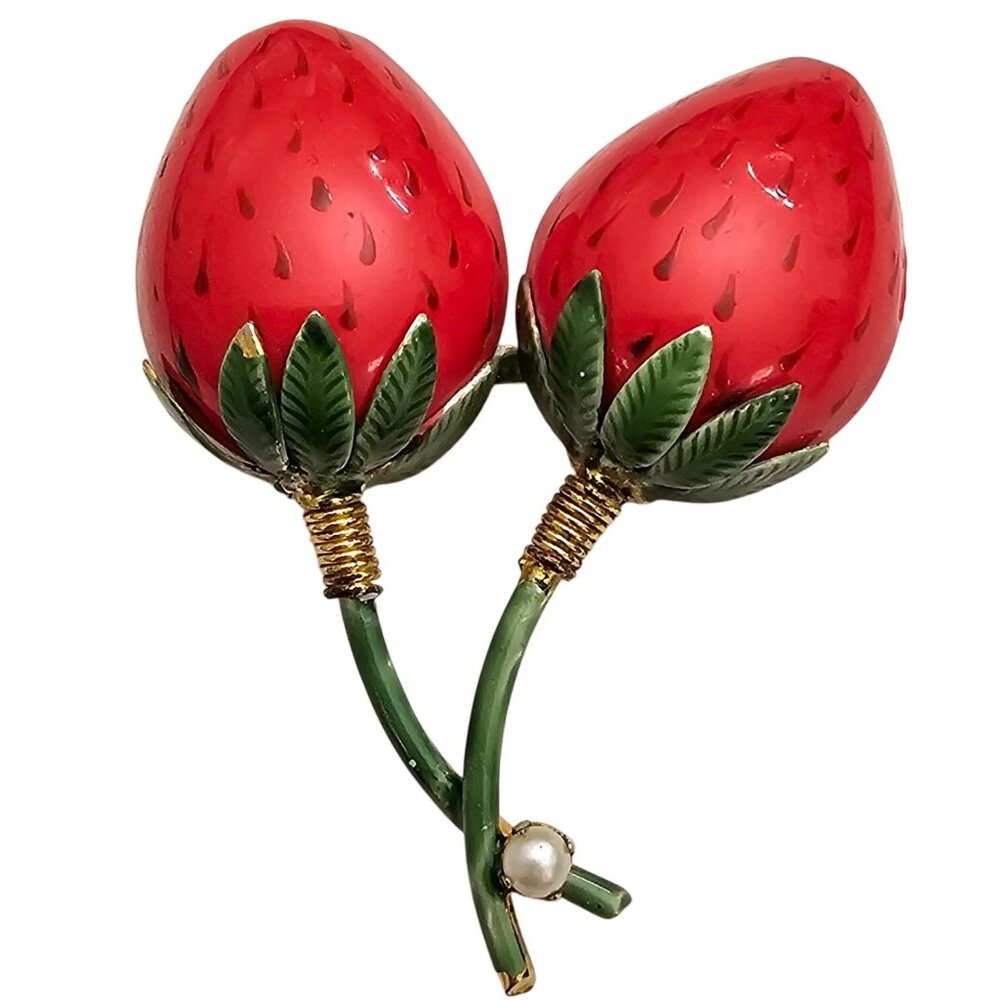 Original By Robert Red Green Enamel Strawberries Brooch Signed, J463